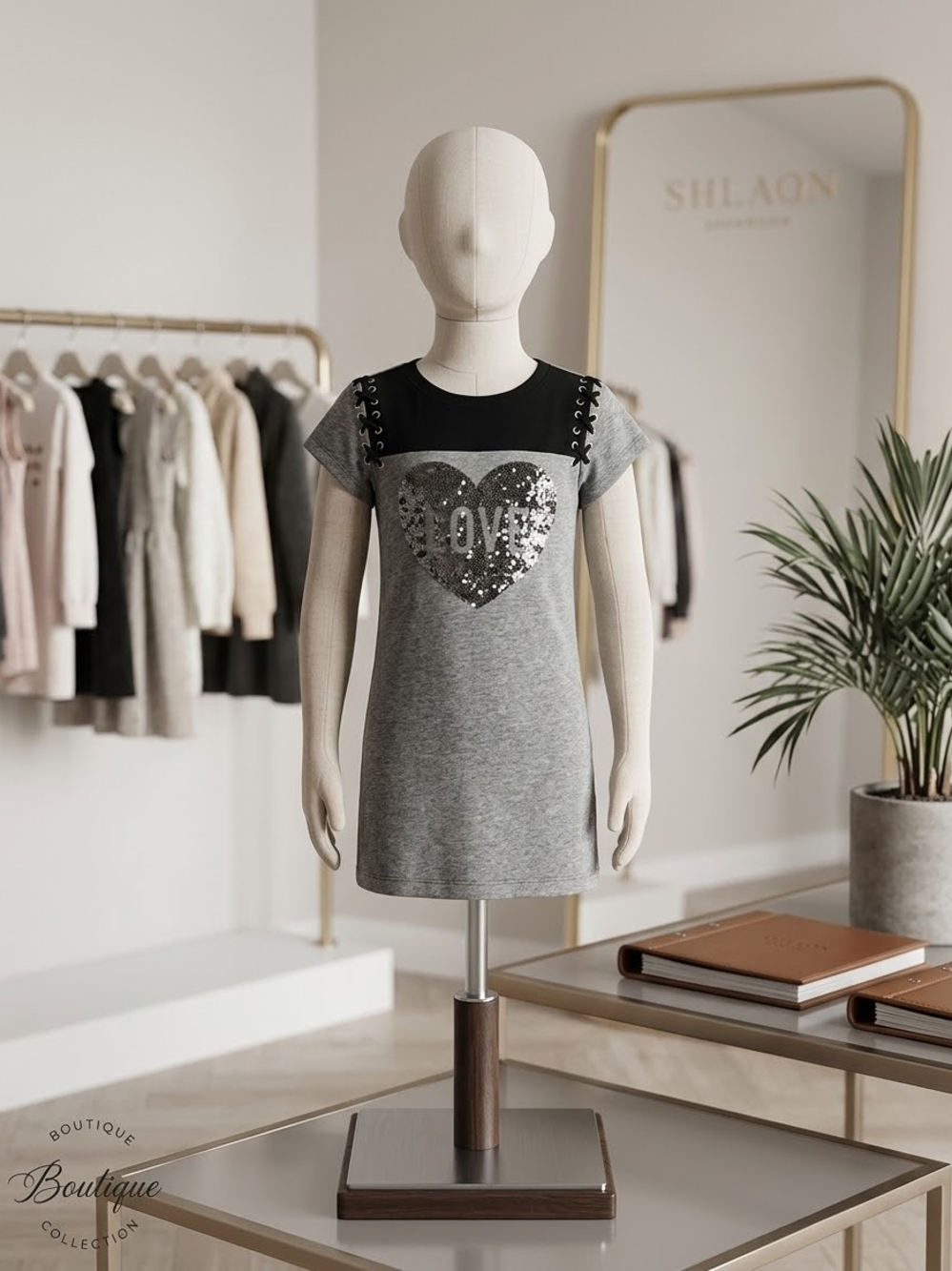 Place Grey Knit Dress with Black Yoke and Sequin Heart Like New Size 5